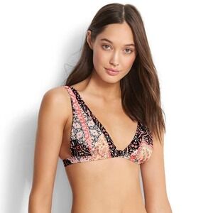 Seafolly Women's Moroccan Moon Fixed Longline Triangle Bikini Top Sz 2 Black